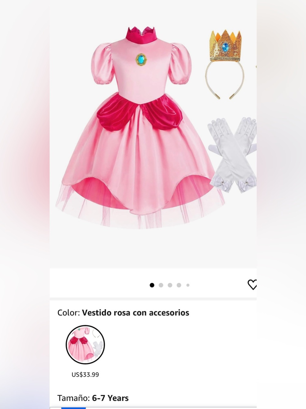 Princess peach Costume Dress with Accessories size 6-7 new